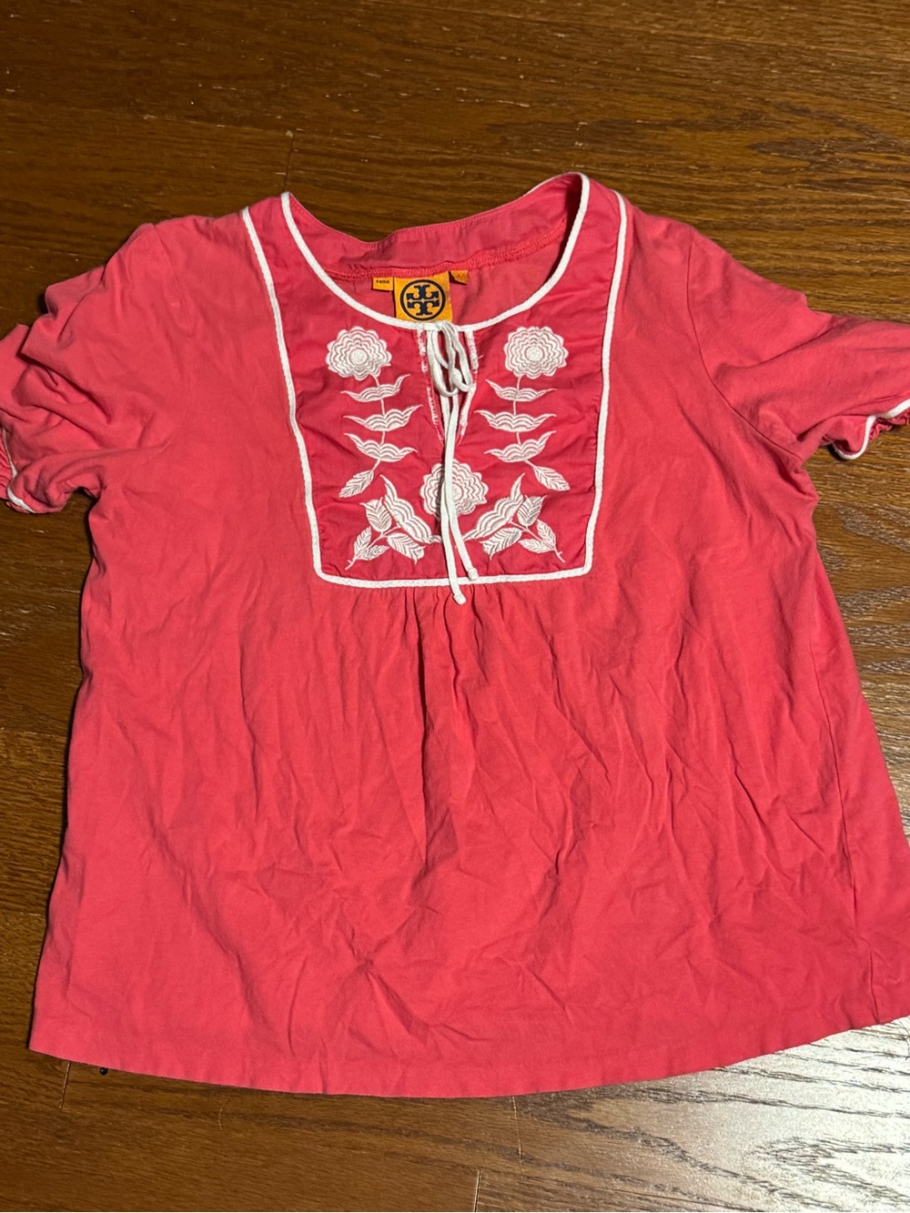 Tory Burch Coral Pink Embroidered Peasant Blouse